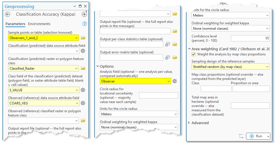 The Classification Accuracy (Kappa) dialog in three pieces, with Observers_1_and_2 as the sample points, Classified_Raster and S_VALUE for the classification, COARS_VEG for the observed field, the Observer analysis field selected under Options, and the map-class-proportion weighting checked
