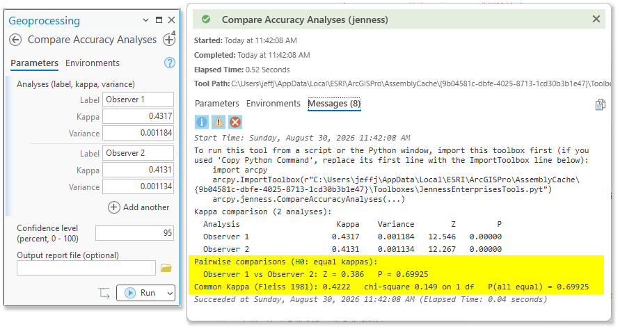 The Compare Accuracy Analyses dialog with two rows, Observer 1 with kappa 0.4317 and variance 0.001184 and Observer 2 with kappa 0.4131 and variance 0.001134, beside its results window with the pairwise and common-kappa tests highlighted