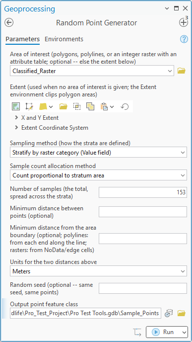 The Random Point Generator dialog set to stratify by raster category with counts proportional to stratum area and 153 samples