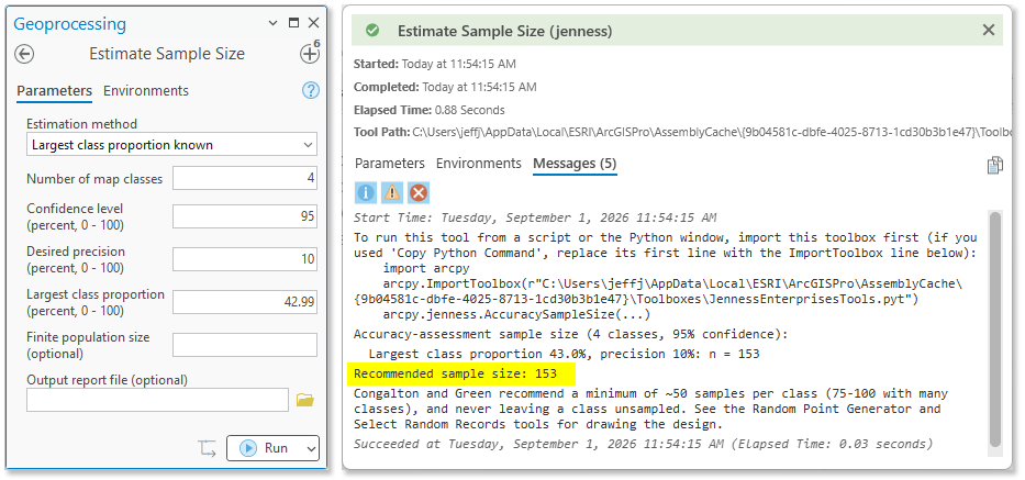 The Estimate Sample Size dialog with the Largest class proportion known method, 4 map classes, 95 percent confidence, 10 percent precision, and a largest class proportion of 43, beside its report window with the recommended sample size of 153 highlighted