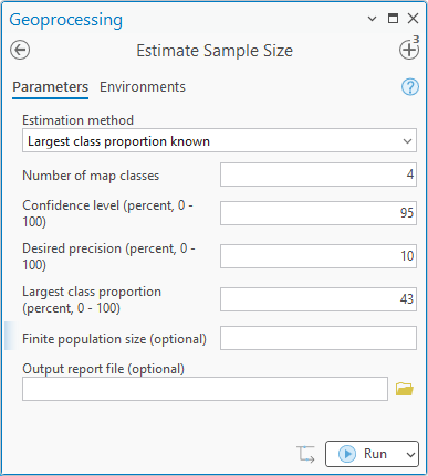 The Estimate Sample Size dialog with the Largest class proportion known method, 4 map classes, 95 percent confidence, 10 percent precision, and a largest class proportion of 43