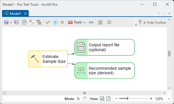 The Estimate Sample Size tool in ModelBuilder with its two outputs: the optional output report file and the derived Recommended sample size