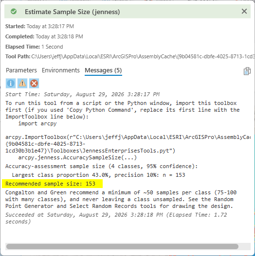 The Estimate Sample Size messages window showing the recommended sample size of 153 highlighted