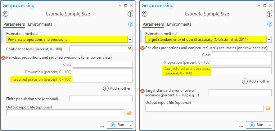 Two Estimate Sample Size dialogs side by side: the Per-class proportions and precisions method with its Required precision entry highlighted, and the Target standard error method with its Conjectured user's accuracy entry highlighted