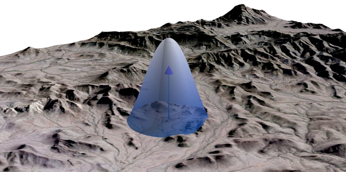 A tall narrow three-dimensional bell surface over the spring at a half-square-mile search radius