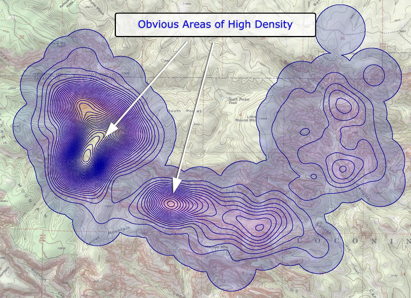 The contoured density surface with the high-density contours emphasized