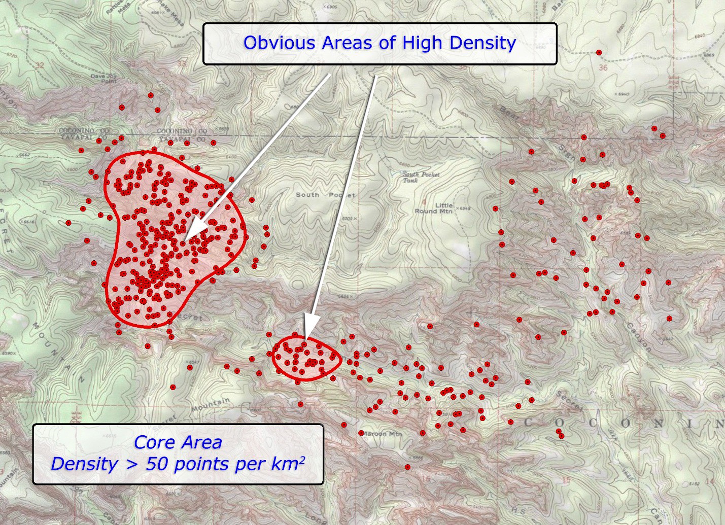 The extracted core-area polygons covering only the densest parts of the range