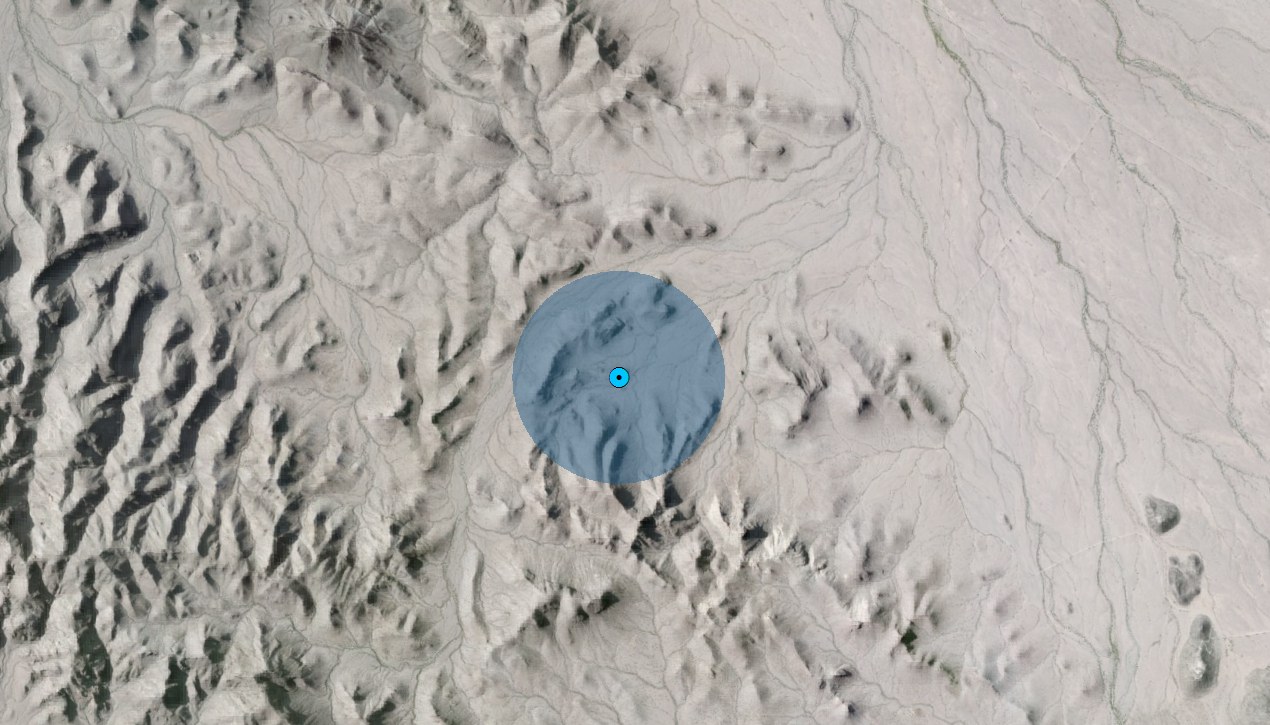 The same terrain with a large blue circle of exactly one square mile centered on the spring