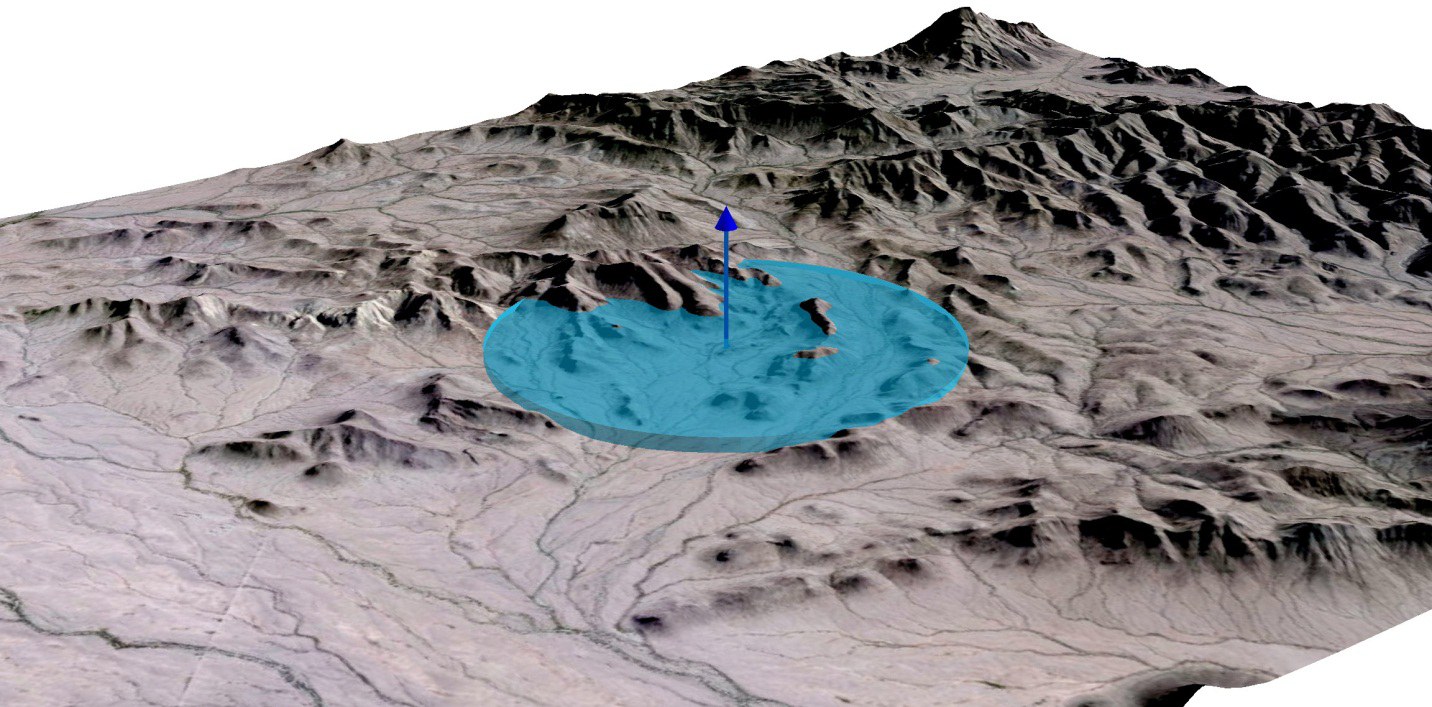 A wider, flatter three-dimensional disk covering two square miles with half the height