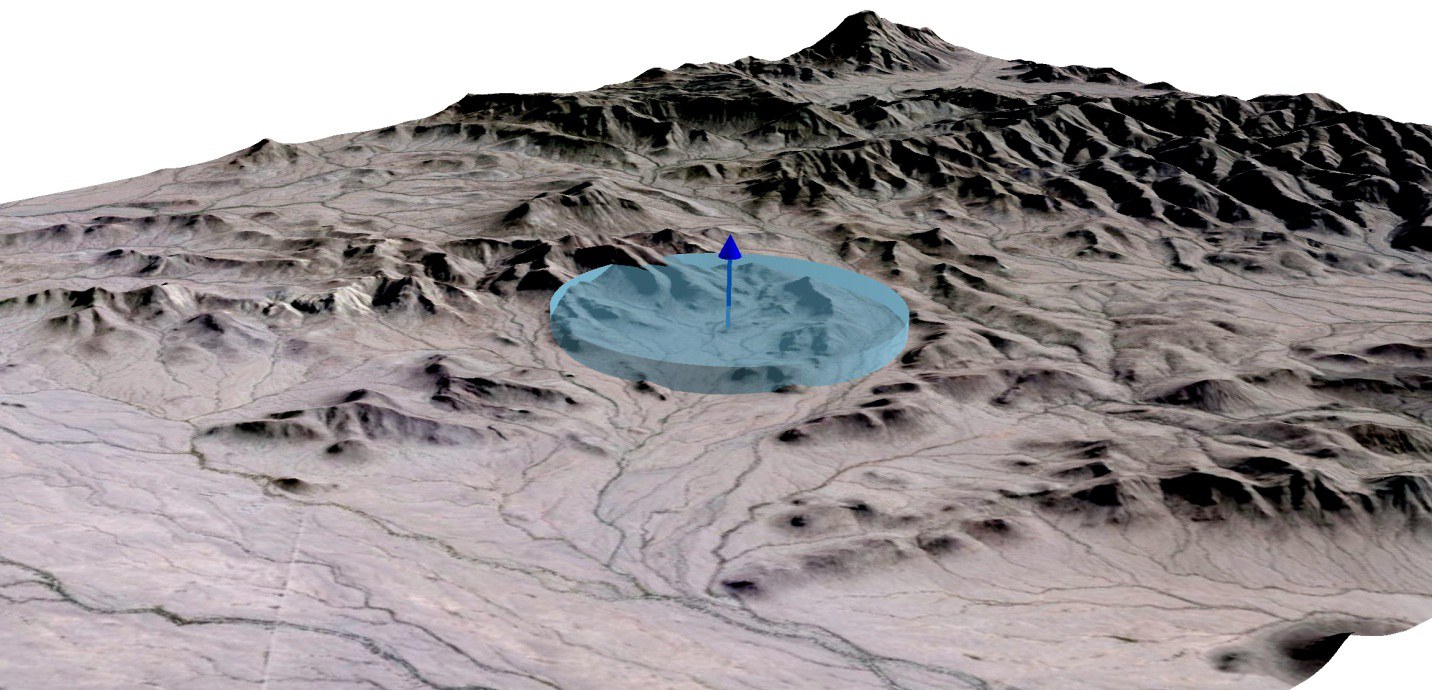 A three-dimensional perspective of the density disk rising like a flat cylinder from the terrain