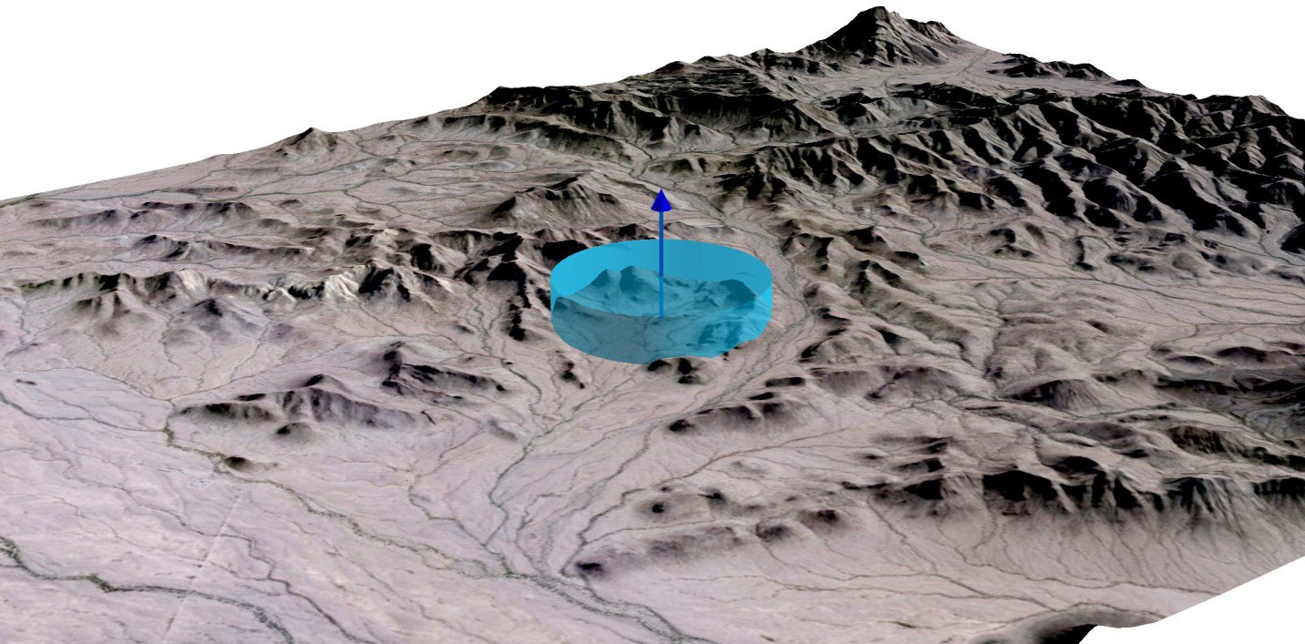 A narrower, taller three-dimensional disk covering half a square mile with double the height