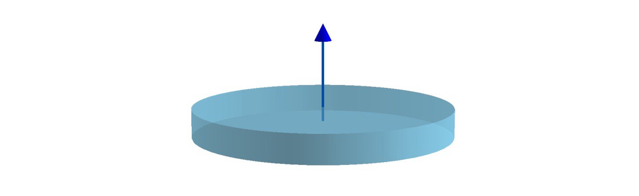 A three-dimensional flat disk with a blue arrow rising from its center marking the point