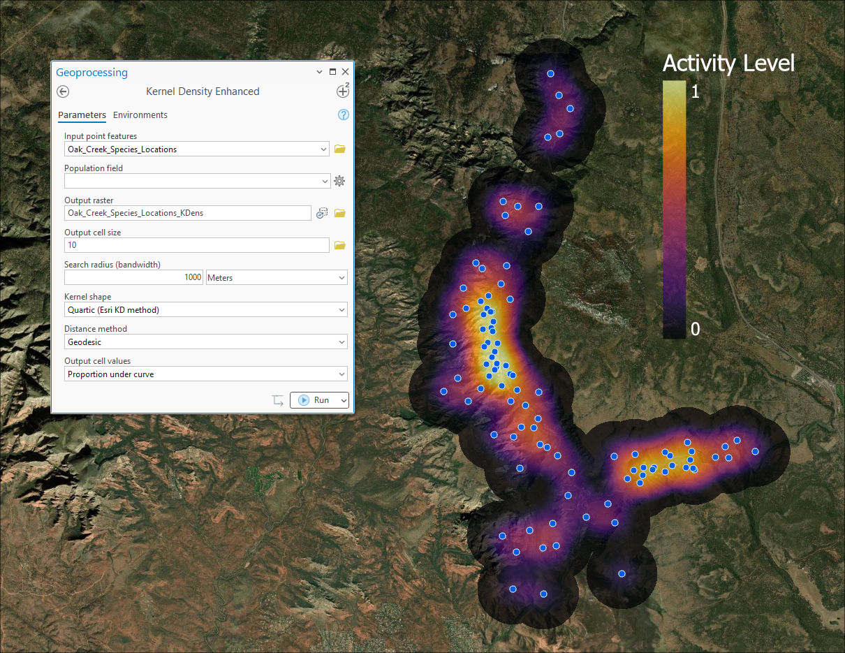 The Kernel Density Enhanced pane filled for the Oak Creek species locations with a 1,000 meter geodesic search radius, quartic kernel, and Proportion under curve output, beside the resulting surface glowing dark purple through orange to yellow over aerial imagery, with an Activity Level legend running 0 to 1