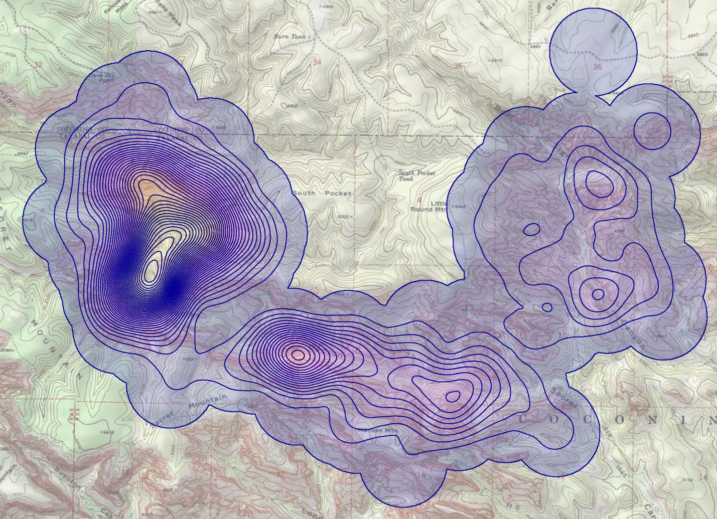 The density surface overlaid with contour lines at five point per square kilometer intervals