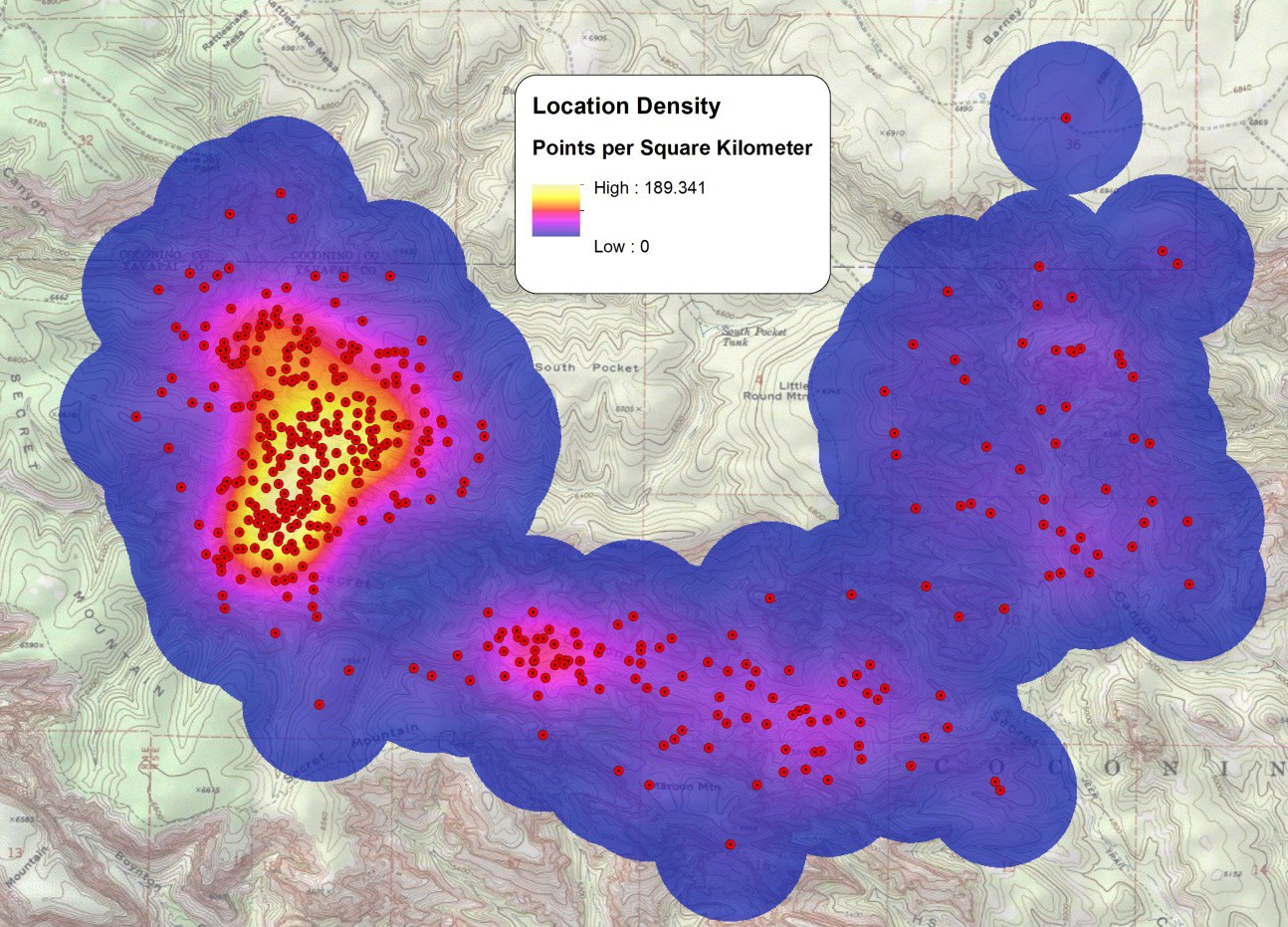 The kernel density surface over the Secret Canyon locations, shaded from pale low densities to dark high-density cores
