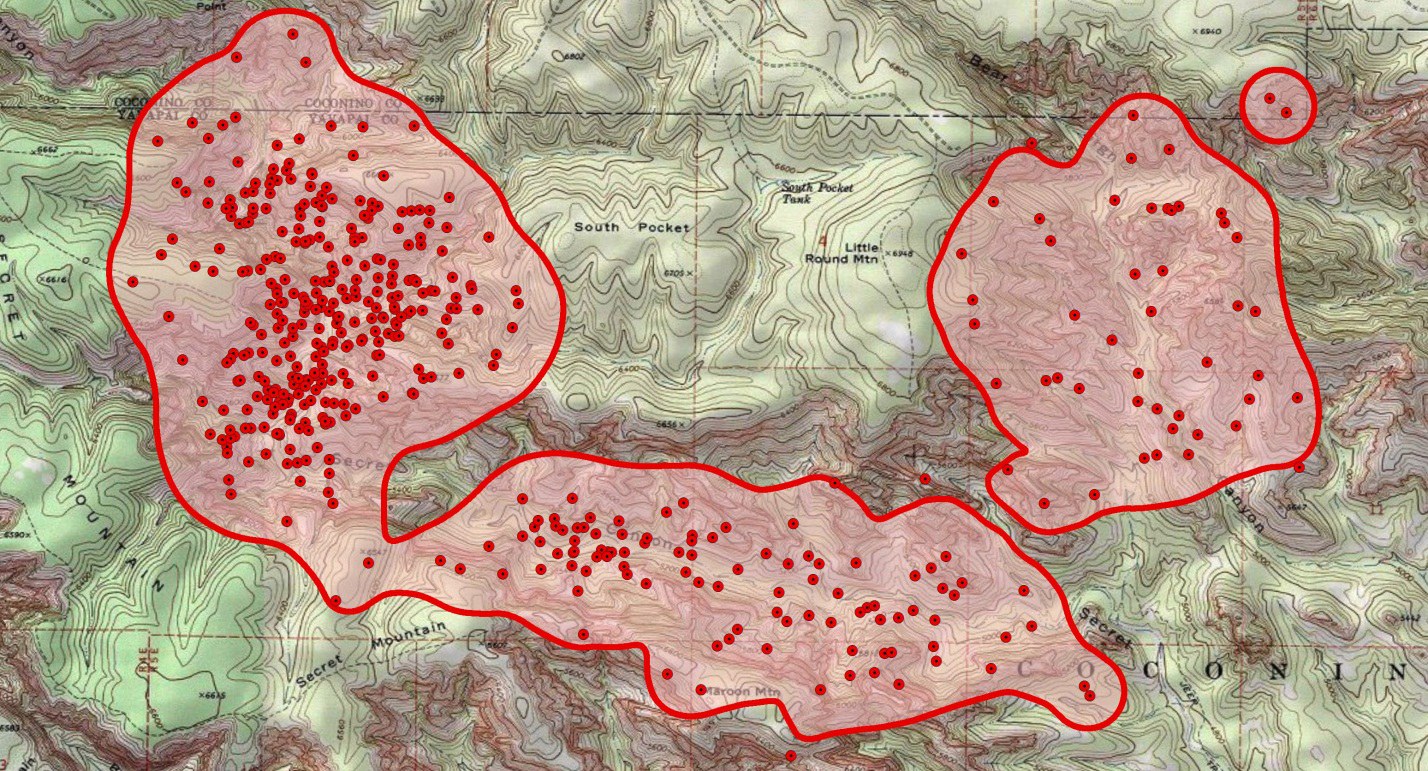The extracted home-range polygon covering the higher-density parts of Secret Canyon, with three separate islands