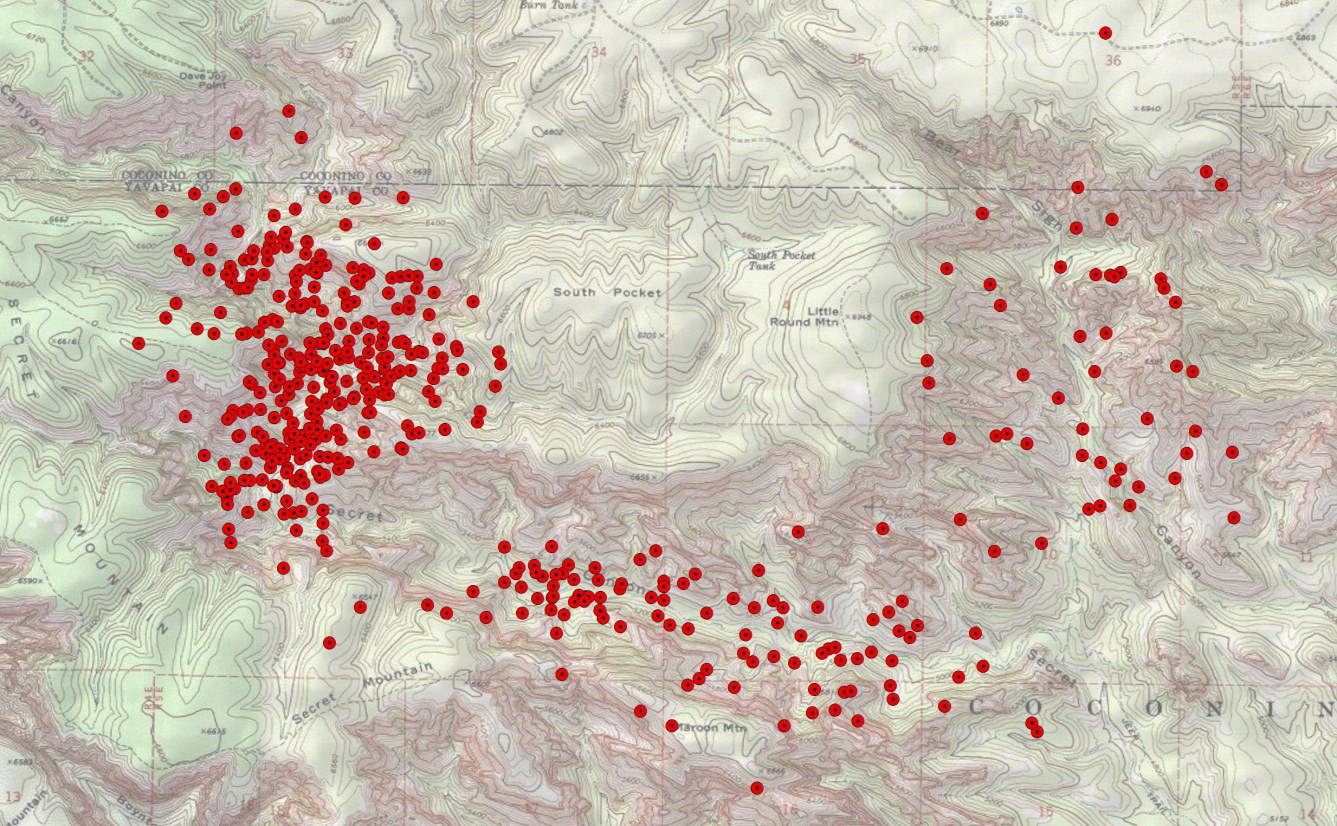 A topographic map of the Secret Canyon area north of Sedona with a scatter of GPS locations