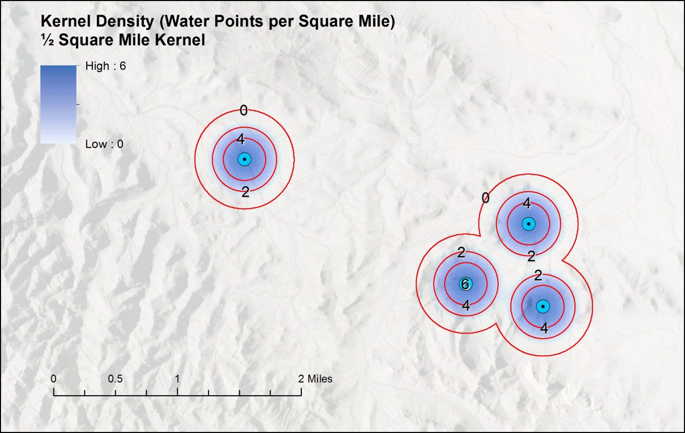 A contoured kernel density map at the smallest bandwidth showing many small detailed density pockets