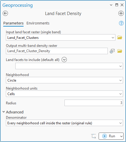 The Land Facet Density geoprocessing pane: input land facet raster Land_Facet_Clusters, output multi-band density raster Land_Facet_Cluster_Density, land facets to include left empty for all, neighborhood Circle, units Cells, radius 3, denominator Every neighborhood cell inside the raster (original rule)