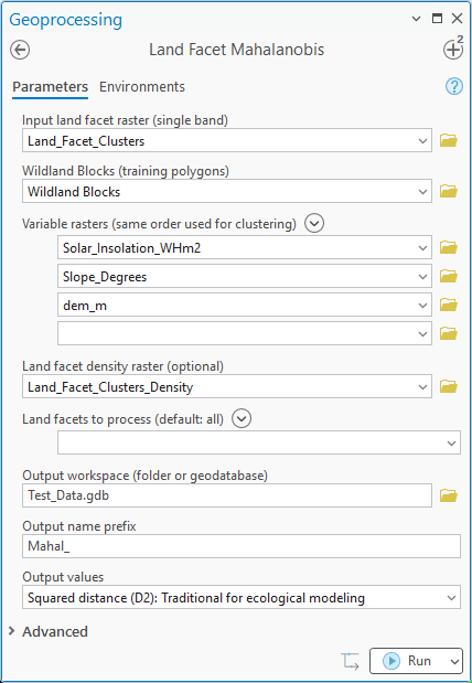 The Land Facet Mahalanobis geoprocessing pane: input land facet raster Land_Facet_Clusters, Wildland Blocks as training polygons, variable rasters Solar_Insolation_WHm2, Slope_Degrees and dem_m in the clustering order, land facet density raster Land_Facet_Clusters_Density, land facets to process empty for all, output workspace Test_Data.gdb, output name prefix Mahal_, output values Squared distance D2