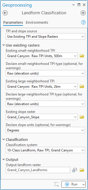 The Landform Classification pane in Use Existing TPI and Slope Rasters mode: existing small-neighborhood TPI Grand Canyon: Raw TPI Units, 500m with Declare Raw (elevation units); existing large-neighborhood TPI Grand Canyon: Raw TPI Units, 2km with Declare Raw (elevation units); existing slope raster Grand_Canyon_Slope with Declare Degrees; classification system 10-Class Landform, Raw TPI, Grand Canyon; output Grand_Canyon_Landforms