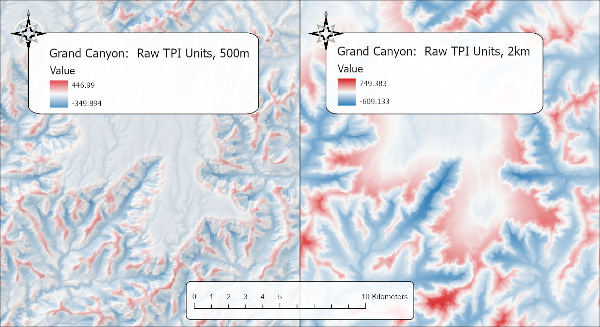 Two raw TPI maps of the Walhalla Plateau over a hillshade in a blue-white-red stretch: on the left the 500 m neighborhood, from -350 to 447, with fine detail along every side canyon and spur; on the right the 2 km neighborhood, from -609 to 749, with the whole canyon system as broad blue bands and the plateau and its promontories as broad red; a 10 kilometer scale bar