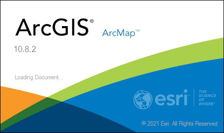 The ArcGIS ArcMap 10.8.2 splash screen: white, green and blue curves with the Esri logo