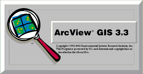 The ArcView GIS 3.3 splash screen: a magnifying glass over a green globe tile, beside the words ArcView GIS 3.3
