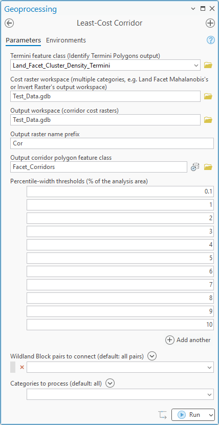 The Least-Cost Corridor geoprocessing pane for the land facet run: termini feature class Land_Facet_Cluster_Density_Termini, cost raster workspace Test_Data.gdb, output workspace Test_Data.gdb, output raster name prefix Cor, output corridor polygon feature class Facet_Corridors, percentile-width thresholds 0.1 and 1 through 10 percent of the analysis area, Wildland Block pairs and categories left at all