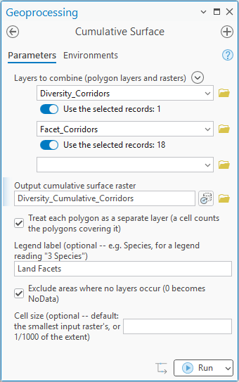 The Cumulative Surface geoprocessing pane: layers to combine Diversity_Corridors with Use the selected records 1 and Facet_Corridors with Use the selected records 18; output Diversity_Cumulative_Corridors; Treat each polygon as a separate layer checked; legend label Land Facets; Exclude areas where no layers occur checked; cell size blank
