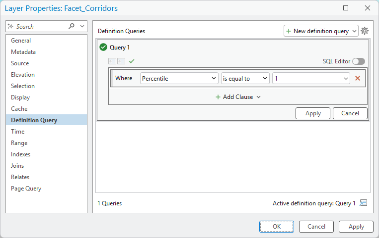 The Layer Properties dialog for Facet_Corridors on the Definition Query page, with one query: Where Percentile is equal to 1