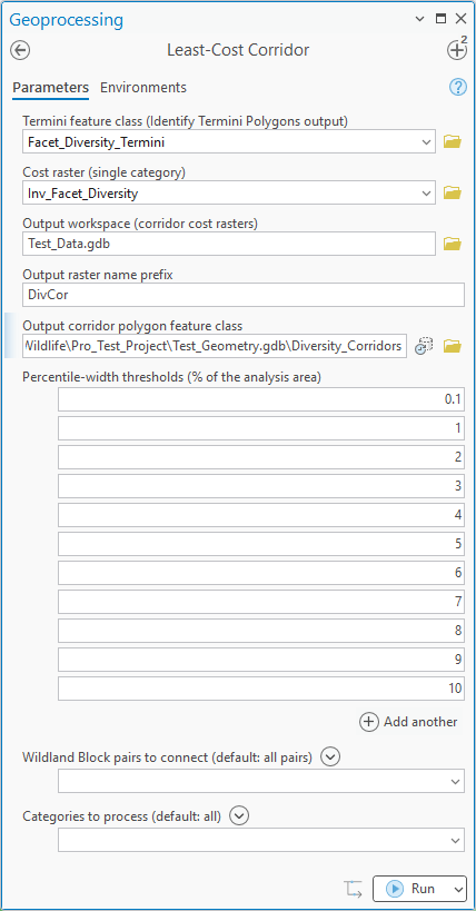The Least-Cost Corridor geoprocessing pane for the diversity run: termini feature class Facet_Diversity_Termini, cost raster Inv_Facet_Diversity as a single category, output workspace Test_Data.gdb, output raster name prefix DivCor, output corridor polygon feature class Diversity_Corridors, the default percentile thresholds, block pairs and categories left at all