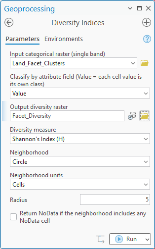 The Diversity Indices geoprocessing pane: input categorical raster Land_Facet_Clusters, Classify by attribute field left at Value, output diversity raster Facet_Diversity, diversity measure Shannon's Index (H), neighborhood Circle, units Cells, radius 5, and the Return NoData if the neighborhood includes any NoData cell box unchecked