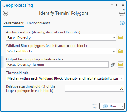 The Identify Termini Polygons geoprocessing pane for the diversity run: analysis surface Facet_Diversity, Wildland Block polygons Wildland Blocks, output Facet_Diversity_Termini, threshold rule Median within each Wildland Block (diversity and habitat suitability surfaces), relative size threshold 50 percent
