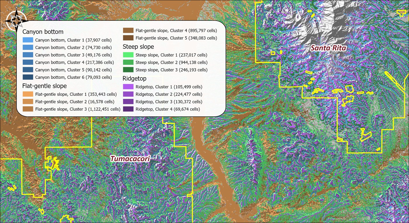 The land facet raster over a hillshade across the whole landscape: canyon-bottom facets in blues, flat-gentle-slope facets in browns, steep-slope facets in greens and ridgetop facets in purples, with the wildland blocks outlined in yellow and a legend giving each facet's name and cell count