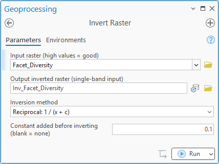 The Invert Raster geoprocessing pane: input raster Facet_Diversity, output inverted raster Inv_Facet_Diversity, inversion method Reciprocal 1 divided by x plus c, constant added before inverting 0.1