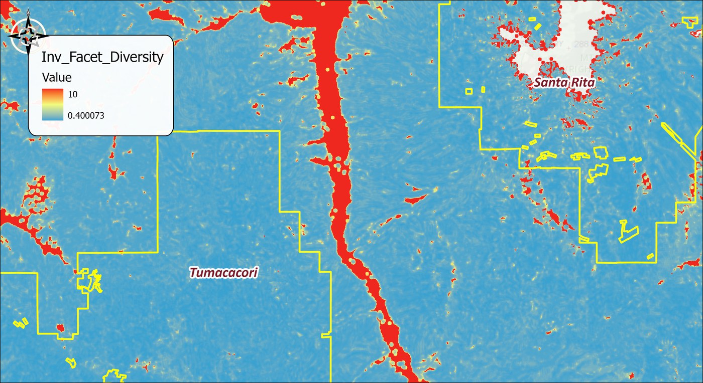 The inverted diversity surface as a cost raster, blue at 0.4 through yellow to red at 10: blue over the dissected hills and mountain fronts, red along the flat floor of the Santa Cruz valley, and in scattered patches of uniform ground, with a gray NoData hole at the high Santa Rita summit and the wildland blocks outlined in yellow