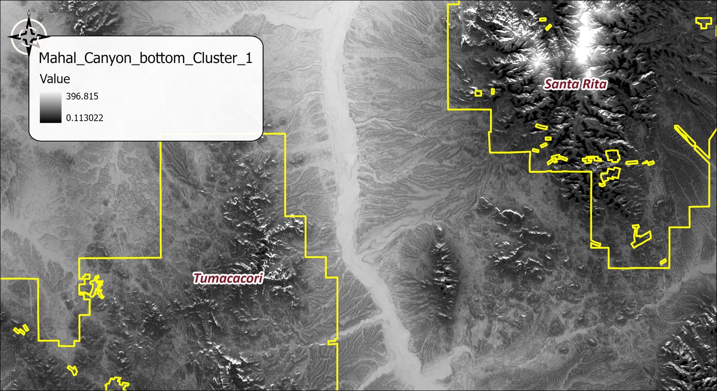 One of the eighteen Mahalanobis cost surfaces, for Canyon bottom cluster 1, as a gray stretch from 0.11 in black to 397 in white over the whole landscape: the drainage bottoms dark, the high Santa Rita peaks bright white, the wildland blocks outlined in yellow