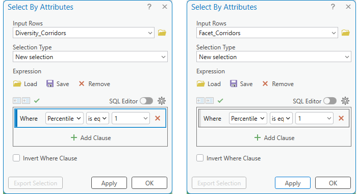 Two Select By Attributes dialogs side by side: Diversity_Corridors and Facet_Corridors, each with a new selection where Percentile is equal to 1