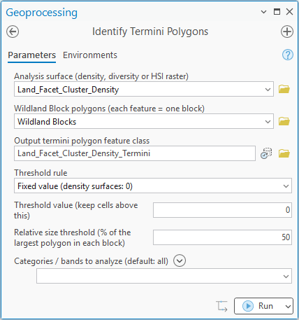The Identify Termini Polygons geoprocessing pane for the land facet run: analysis surface Land_Facet_Cluster_Density, Wildland Block polygons Wildland Blocks, output Land_Facet_Cluster_Density_Termini, threshold rule Fixed value (density surfaces: 0), threshold value 0, relative size threshold 50 percent, categories to analyze left empty for all bands