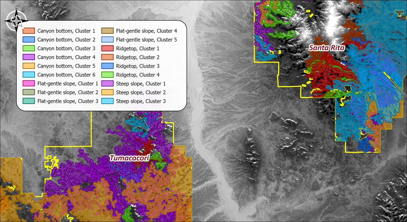 Termini polygons for all eighteen facets over a hillshade, one color per facet, filling much of both wildland blocks: the Tumacacori block dominated by steep-slope and flat-gentle-slope termini in purple and orange, the Santa Rita block by canyon-bottom, steep-slope and ridgetop termini in blues, red and green, with the block outlines in yellow