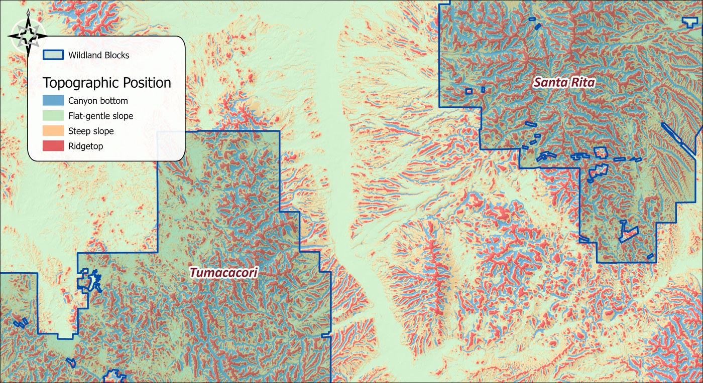 The topographic position raster over a hillshade: canyon bottoms in blue, flat-gentle slopes in pale green, steep slopes in tan and ridgetops in red, with the Tumacacori and Santa Rita wildland blocks outlined in dark blue