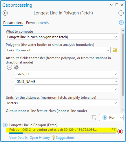 The geoprocessing pane mid-run with no simplify tolerance: the progress bar reads Polygon OID 2, screening vertex pair 30,129 of 64,792,036, at 13 percent