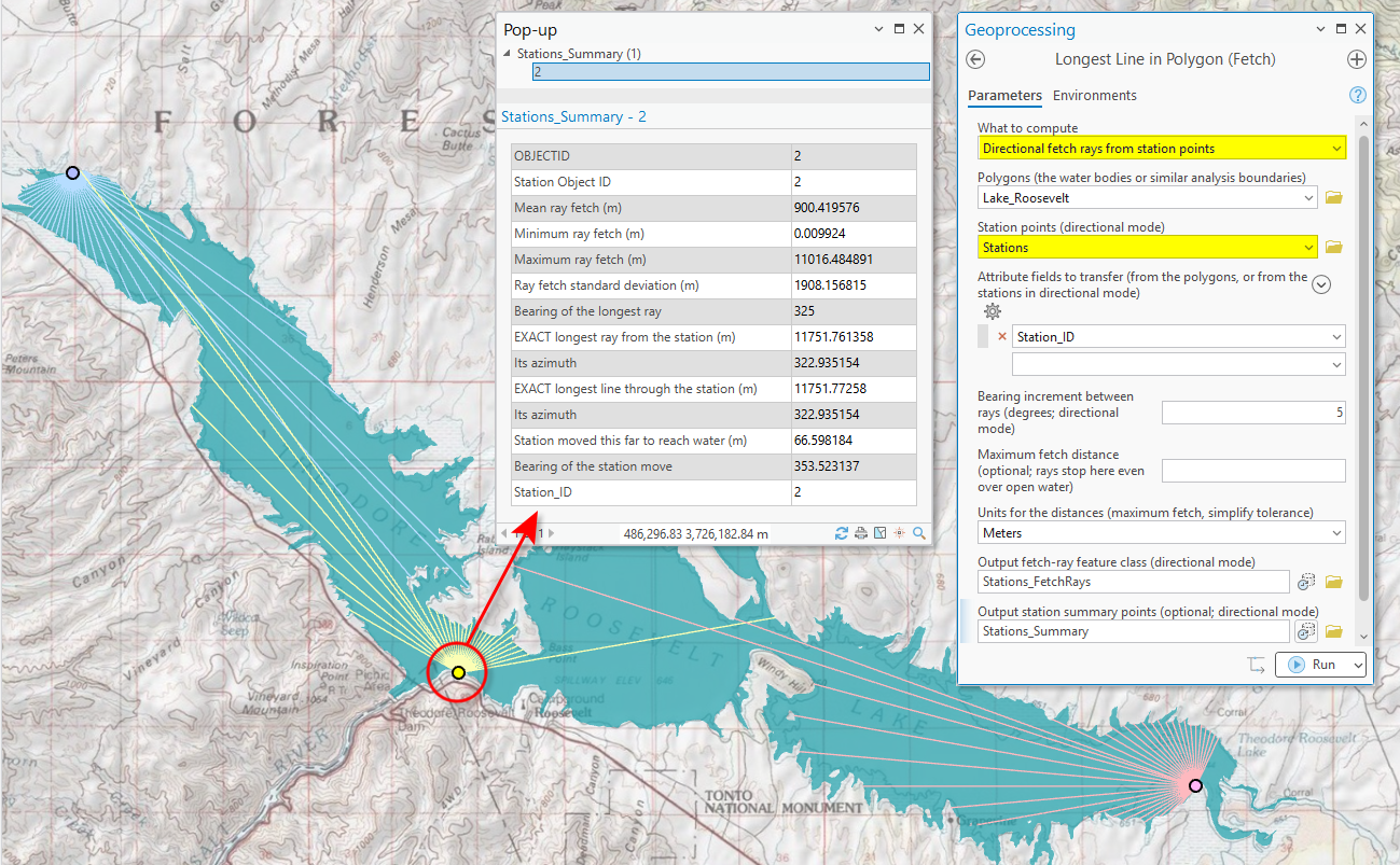 Lake Roosevelt with ray fans radiating from four stations, beside the directional-mode geoprocessing pane (mode and stations highlighted, 5-degree bearing increment, Station_ID transferring, ray and summary outputs named) and a pop-up window listing one station's full summary record: mean, minimum and maximum ray fetch, standard deviation, bearing of the longest ray, the exact longest ray and longest line through the station with their azimuths, and the distance and bearing the station was moved to reach water