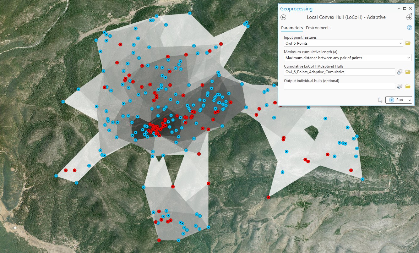 The Adaptive LoCoH geoprocessing pane with Owl 6 points as input and the automatic maximum-pairwise-distance option chosen, beside aerial imagery where the cumulative isopleths form a connected range with dark core areas and a few interior holes