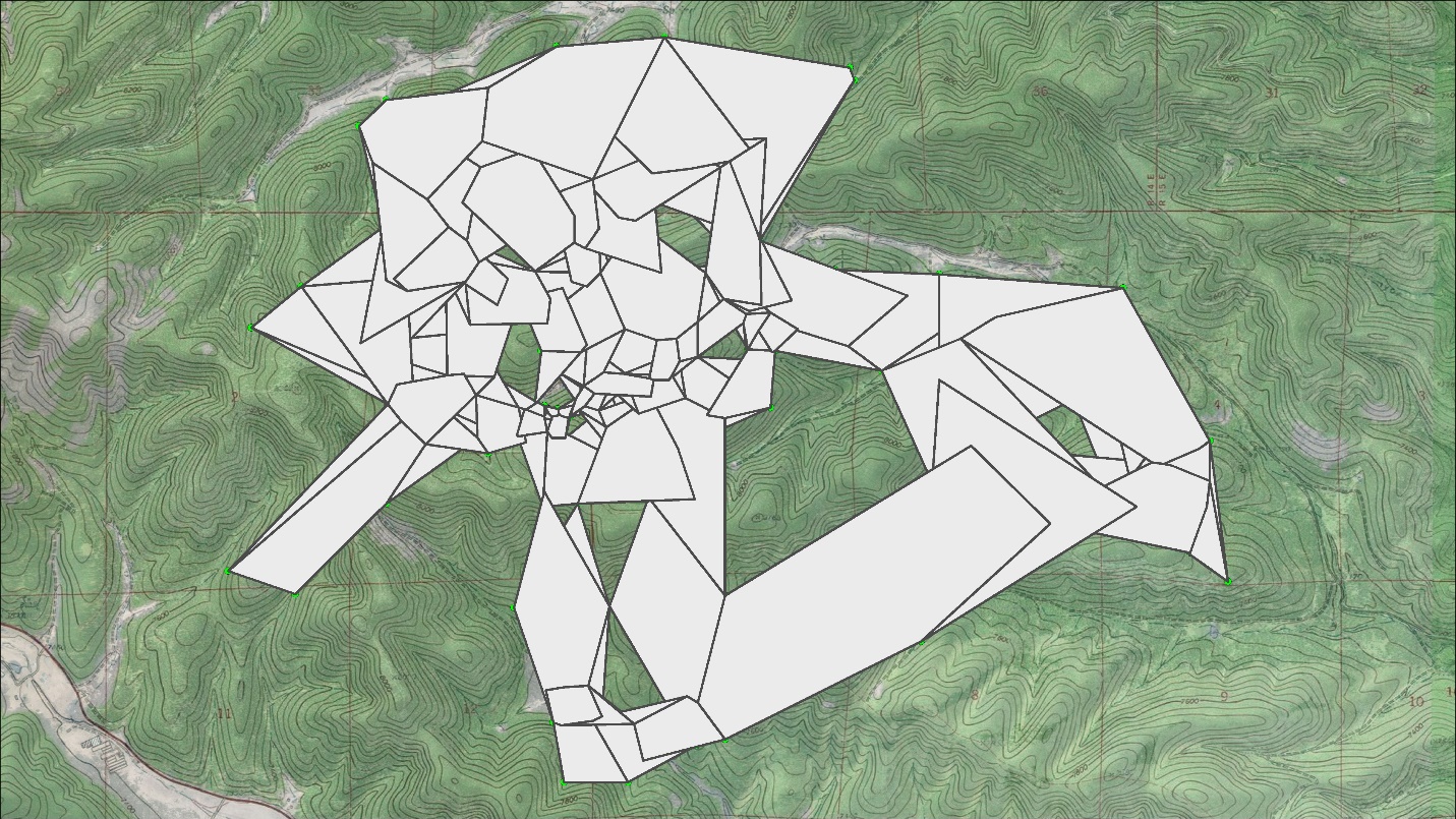 The same map with the full set of k equals 10 hulls, a tighter mosaic with more gaps and smaller polygons than the k equals 25 version