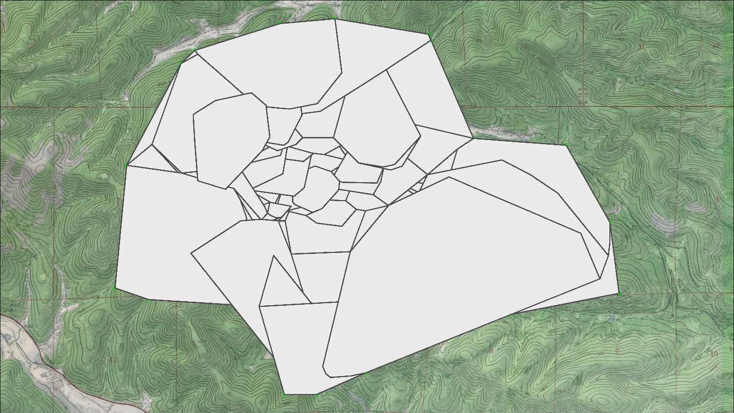 A topographic map covered by scores of overlapping white convex hulls forming a rough mosaic over the owl's range, with small hulls crowded in the center and large hulls at the edges