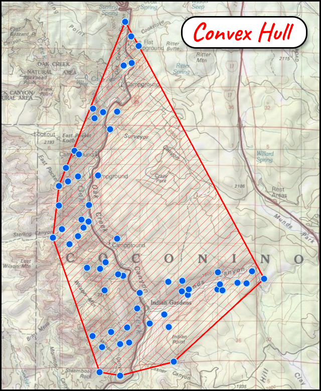 A topographic map of Oak Creek Canyon with blue telemetry locations strung along the canyon and a red hatched convex hull around them, bulging far east of the canyon to sweep in the plateau above the rim where no locations occur
