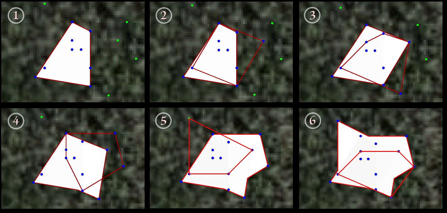Six numbered panels of the same cumulative dissolve process at k equals 10, with smaller hulls accreting into a smaller union