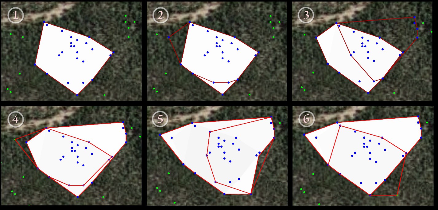 Six numbered panels showing the cumulative dissolve at k equals 25: the smallest hull alone, then the union growing slightly with each added hull, the red outline of each new hull visible around the accumulating white polygon